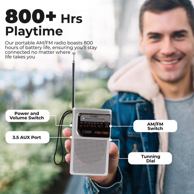 COBY راديو كوفي المحمول AM/FM - راديو جيب يعمل بالبطارية بتصميم رجعي مع مكبرات صوت قوية، بطارية طويلة الأمد 800 ساعة، استقبال واضح، جهاز ترانزستور للطوارئ والسفر للاستخدام في المنزل أو في الهواء الطلق - Image 3